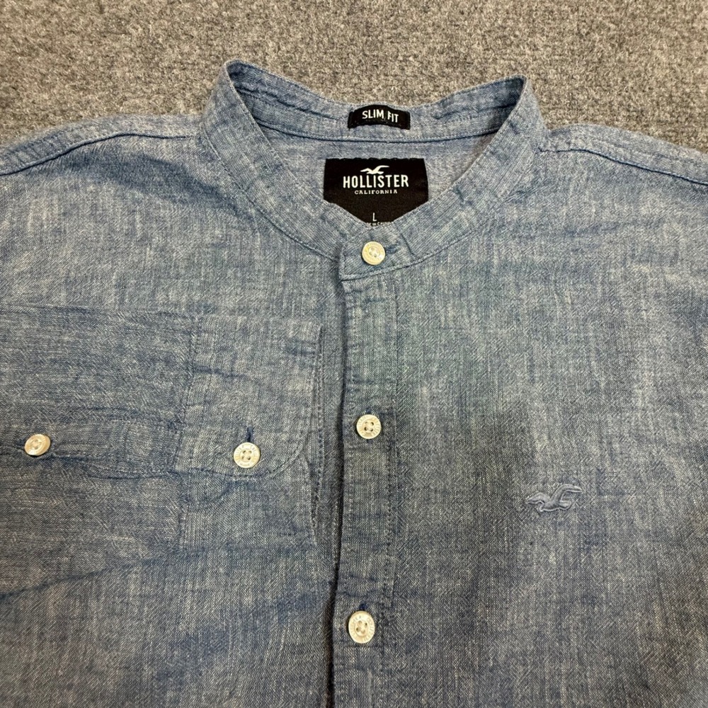 Hollister Mens Slim Fit Blue Linen Blend Band Collar Button Down Shirt Large